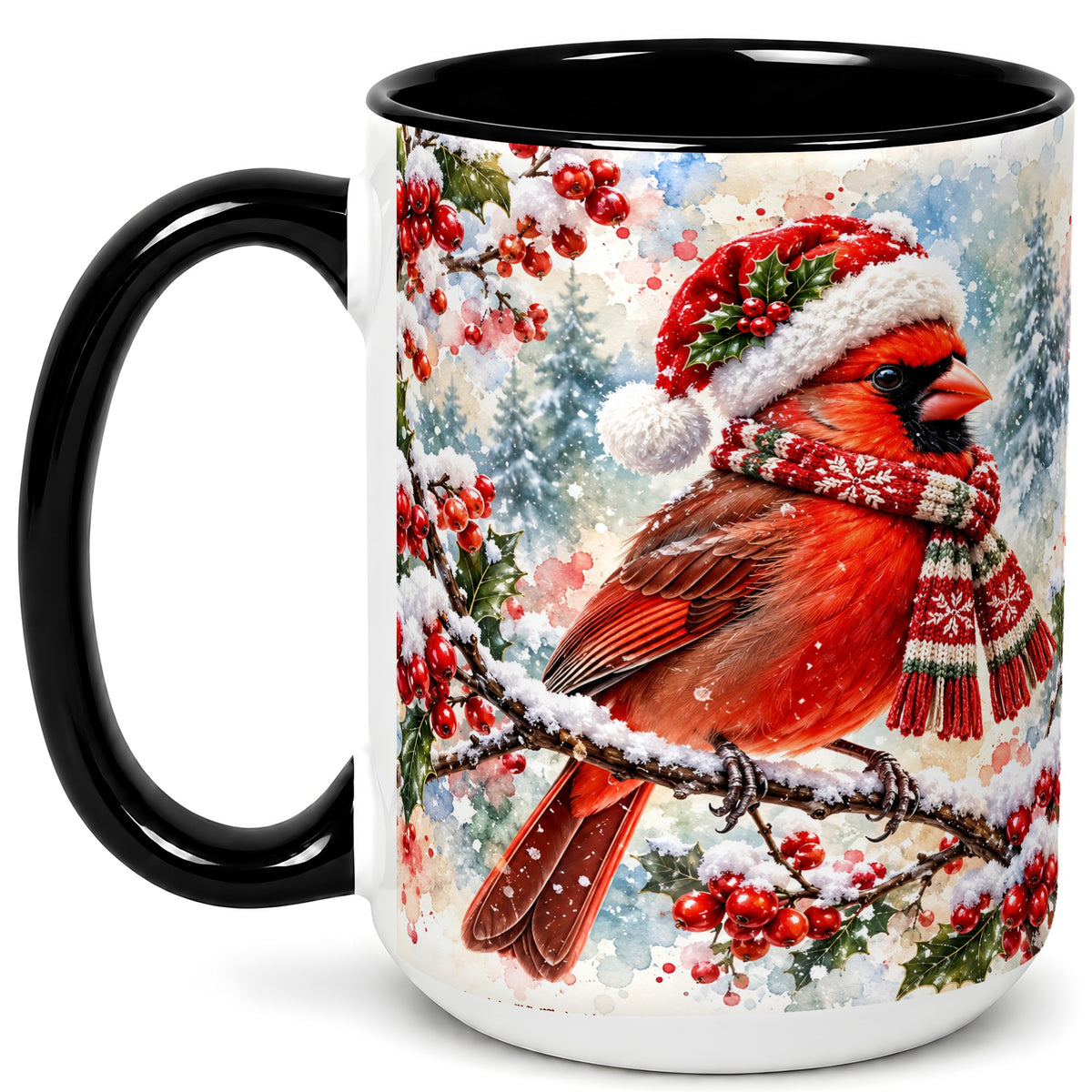 #pl[15oz|Black] Watercolor Cardinal Coffee Mug, Scarf Bird Mug, Ceramic Cup