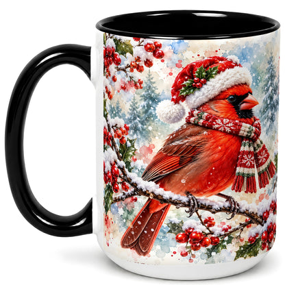 #pl[15oz|Black] Watercolor Cardinal Coffee Mug, Scarf Bird Mug, Ceramic Cup