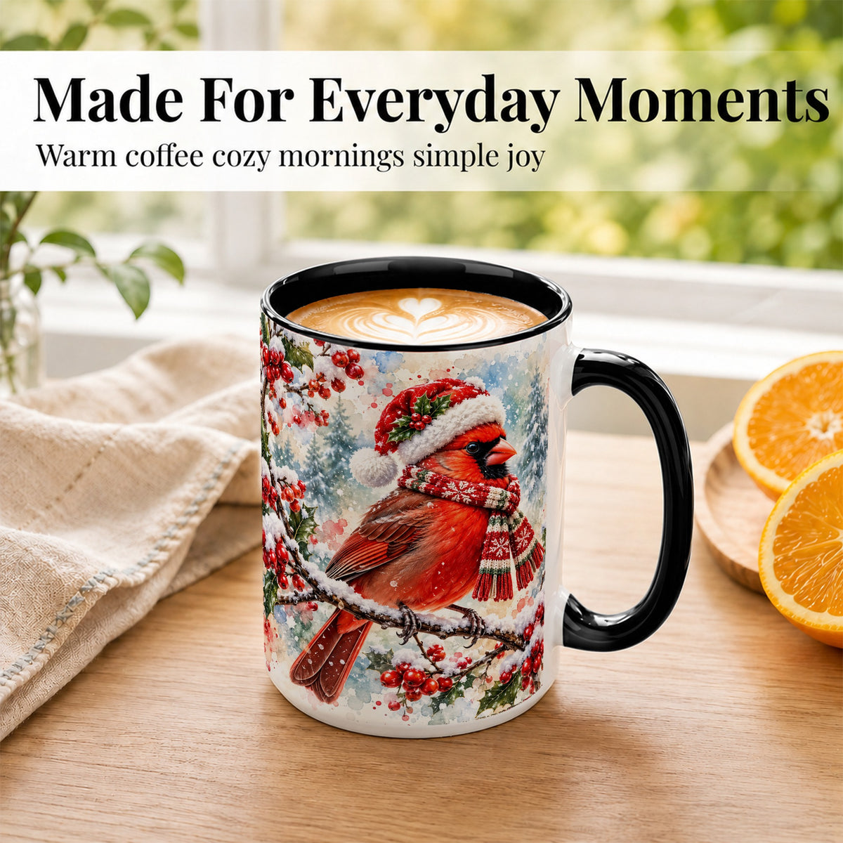 #pl[15oz|Black] Watercolor Cardinal Coffee Mug, Scarf Bird Mug, Ceramic Cup