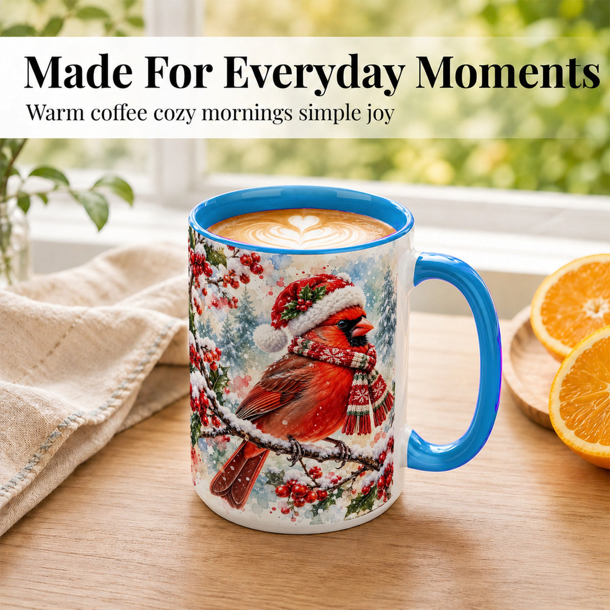 #pl[15oz|Blue] Watercolor Cardinal Coffee Mug, Scarf Bird Mug, Ceramic Cup