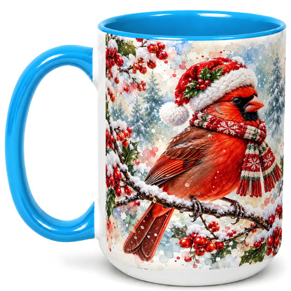 #pl[15oz|Blue] Watercolor Cardinal Coffee Mug, Scarf Bird Mug, Ceramic Cup