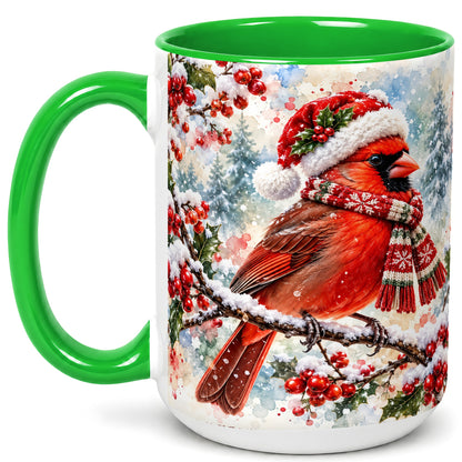#pl[15oz|Green] Watercolor Cardinal Coffee Mug, Scarf Bird Mug, Ceramic Cup