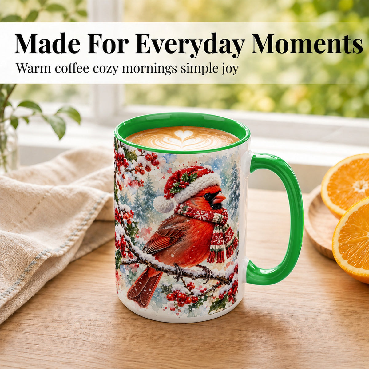 #pl[15oz|Green] Watercolor Cardinal Coffee Mug, Scarf Bird Mug, Ceramic Cup