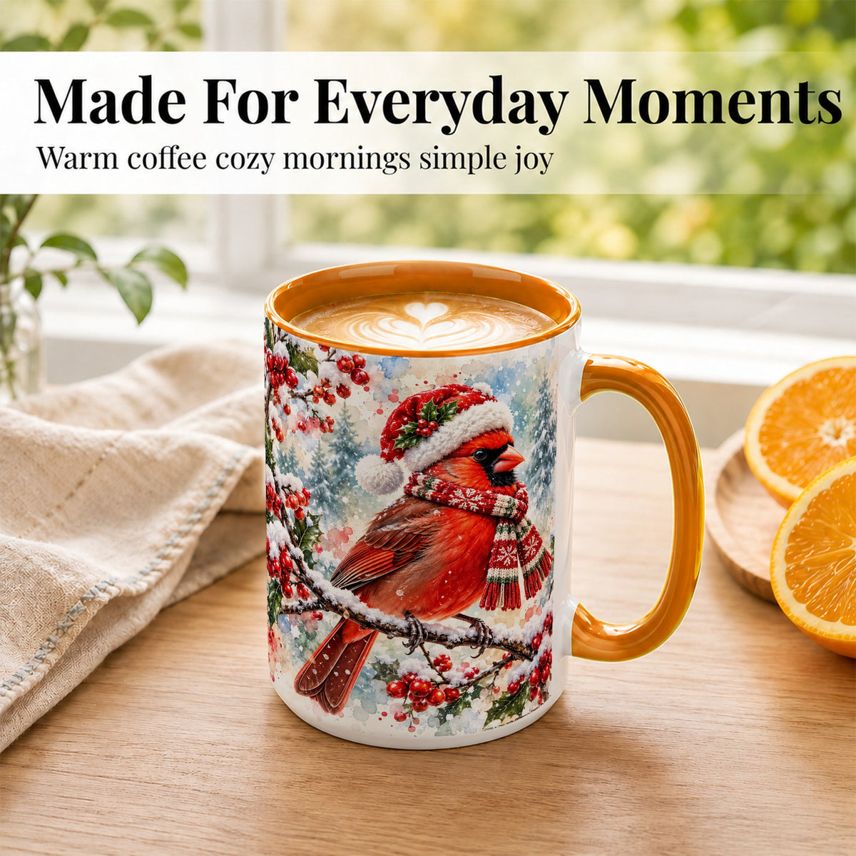 #pl[15oz|Orange] Watercolor Cardinal Coffee Mug, Scarf Bird Mug, Ceramic Cup
