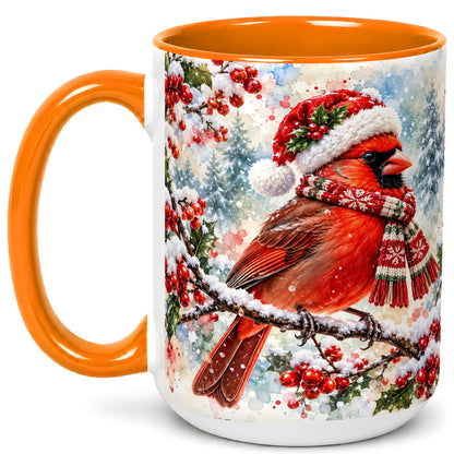 #pl[15oz|Orange] Watercolor Cardinal Coffee Mug, Scarf Bird Mug, Ceramic Cup