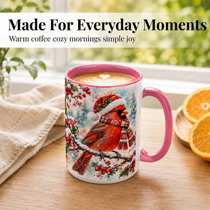 #pl[15oz|Pink] Watercolor Cardinal Coffee Mug, Scarf Bird Mug, Ceramic Cup