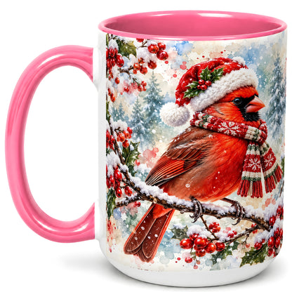 #pl[15oz|Pink] Watercolor Cardinal Coffee Mug, Scarf Bird Mug, Ceramic Cup