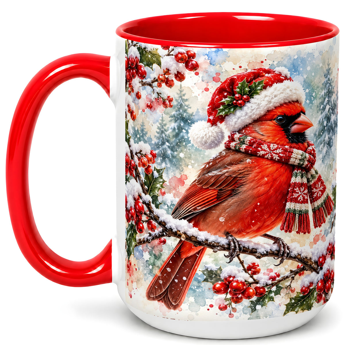 #pl[15oz|Red] Watercolor Cardinal Coffee Mug, Scarf Bird Mug, Ceramic Cup