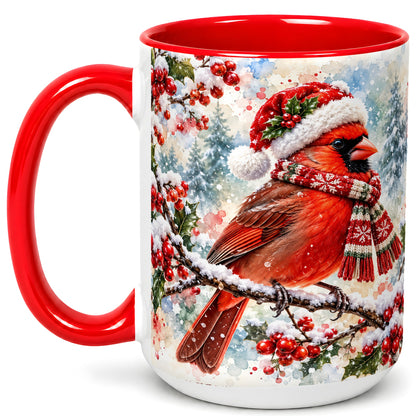 #pl[15oz|Red] Watercolor Cardinal Coffee Mug, Scarf Bird Mug, Ceramic Cup