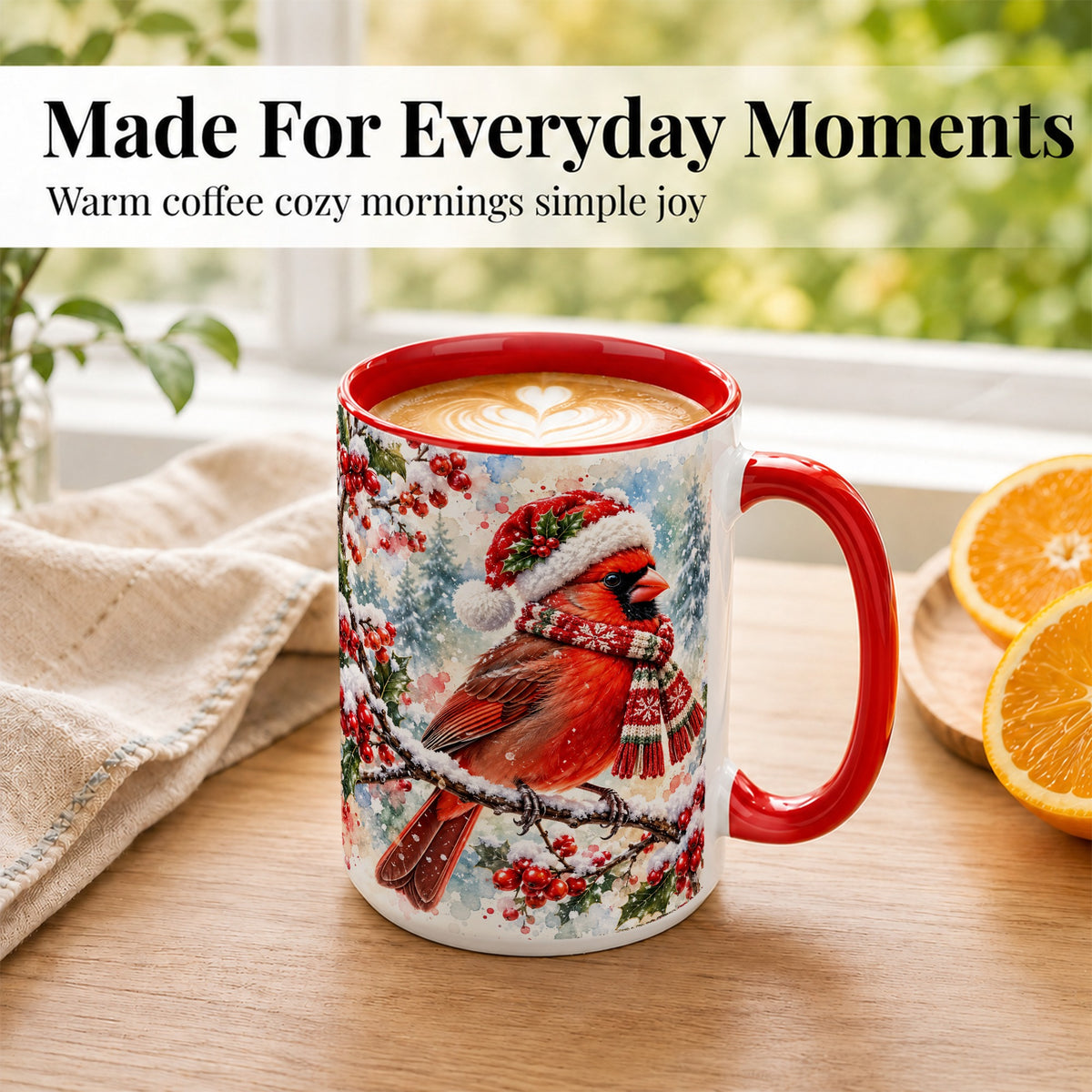 #pl[15oz|Red] Watercolor Cardinal Coffee Mug, Scarf Bird Mug, Ceramic Cup