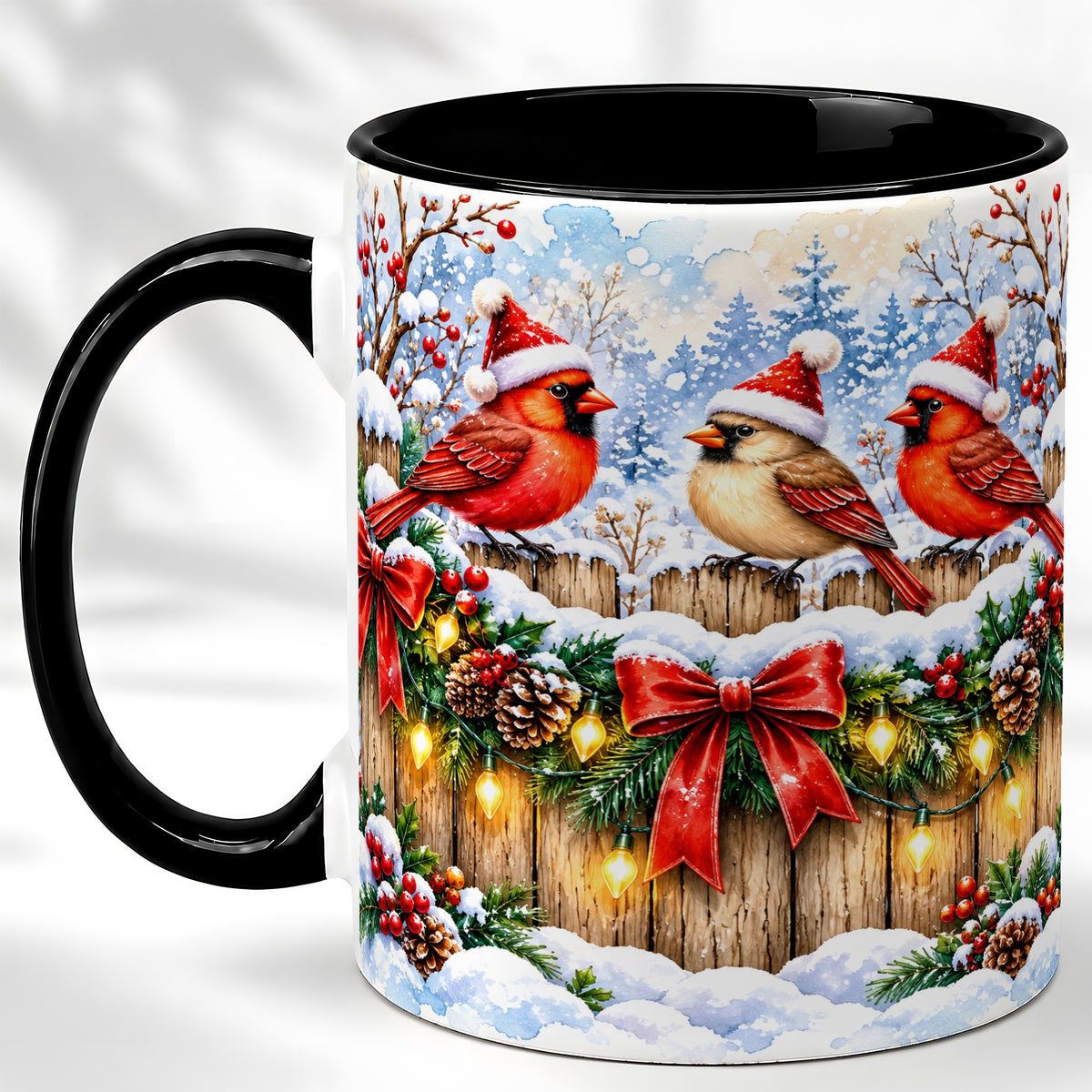 #pl[11oz|Black] Christmas Cardinals Coffee Mug, Winter Bird Mug, Ceramic Cup