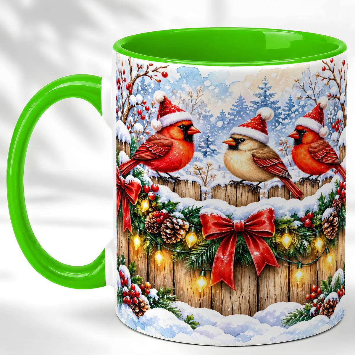#pl[11oz|Green] Christmas Cardinals Coffee Mug, Winter Bird Mug, Ceramic Cup