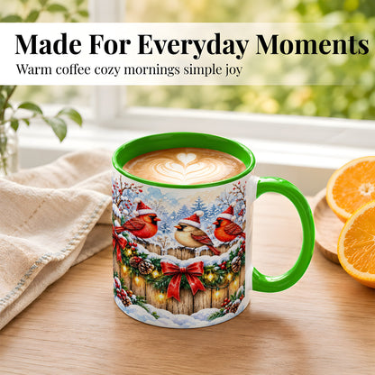 #pl[11oz|Green] Christmas Cardinals Coffee Mug, Winter Bird Mug, Ceramic Cup