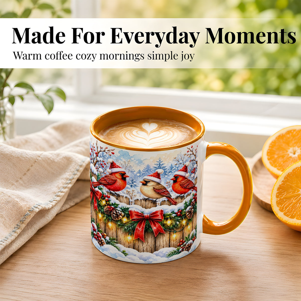 #pl[11oz|Orange] Christmas Cardinals Coffee Mug, Winter Bird Mug, Ceramic Cup