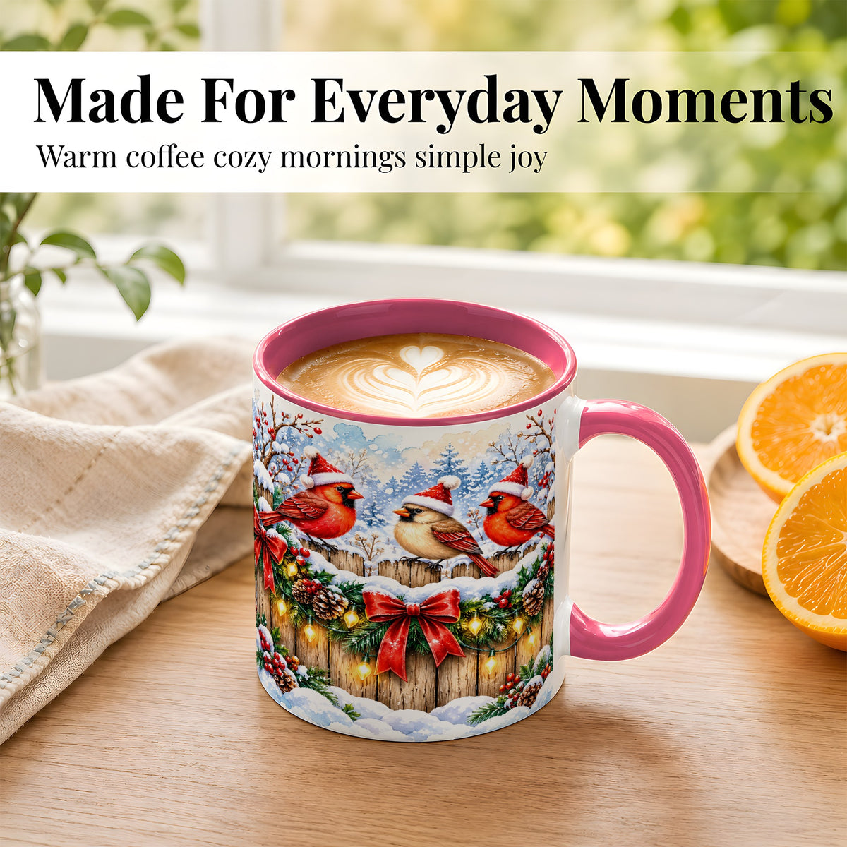 #pl[11oz|Pink] Christmas Cardinals Coffee Mug, Winter Bird Mug, Ceramic Cup