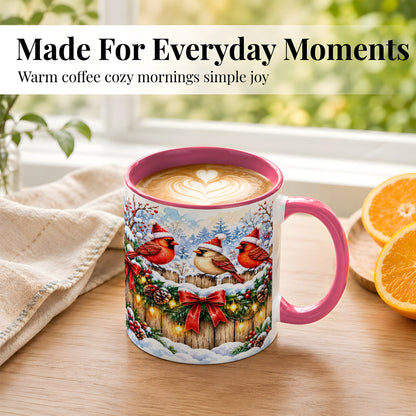 #pl[11oz|Pink] Christmas Cardinals Coffee Mug, Winter Bird Mug, Ceramic Cup