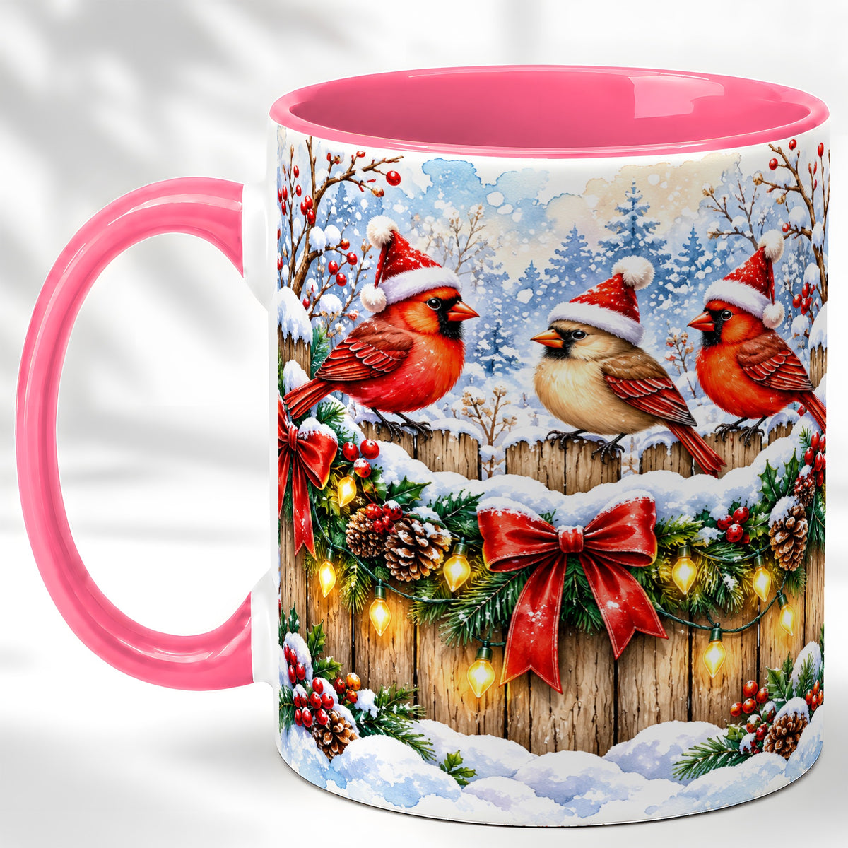 #pl[11oz|Pink] Christmas Cardinals Coffee Mug, Winter Bird Mug, Ceramic Cup