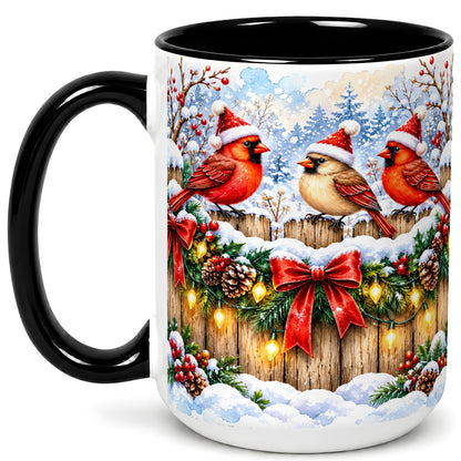 #pl[15oz|Black] Christmas Cardinals Coffee Mug, Winter Bird Mug, Ceramic Cup