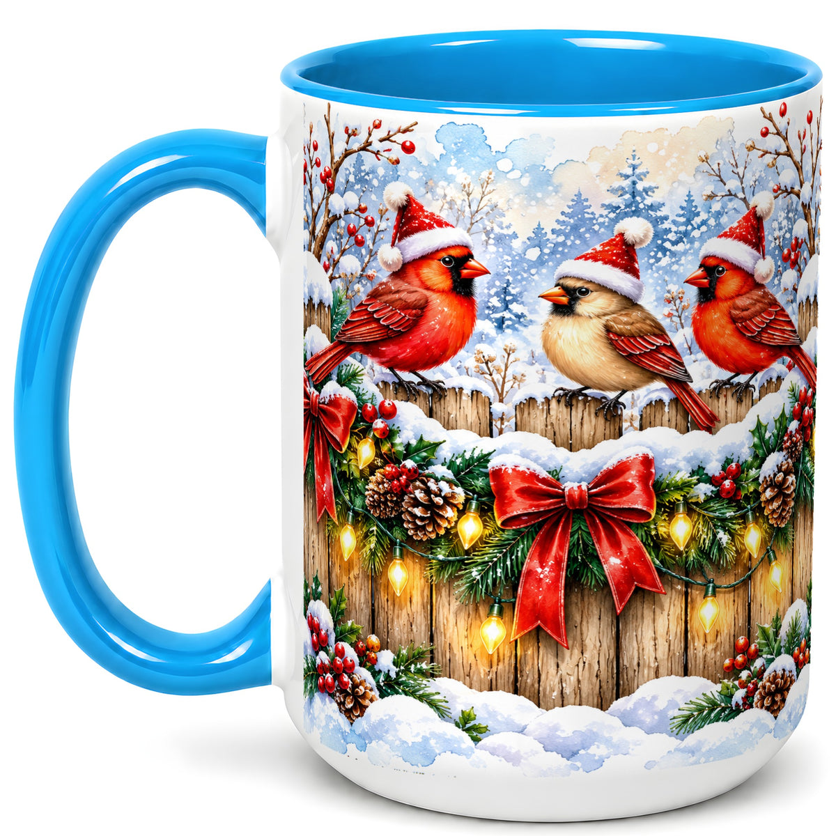 #pl[15oz|Blue] Christmas Cardinals Coffee Mug, Winter Bird Mug, Ceramic Cup