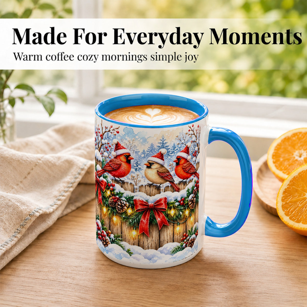 #pl[15oz|Blue] Christmas Cardinals Coffee Mug, Winter Bird Mug, Ceramic Cup