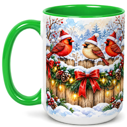 #pl[15oz|Green] Christmas Cardinals Coffee Mug, Winter Bird Mug, Ceramic Cup