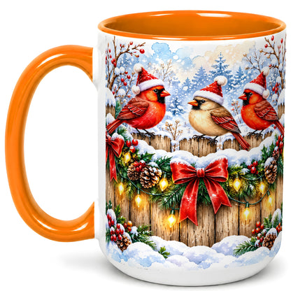 #pl[15oz|Orange] Christmas Cardinals Coffee Mug, Winter Bird Mug, Ceramic Cup