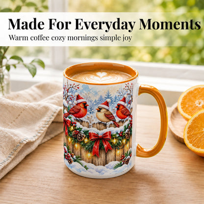 #pl[15oz|Orange] Christmas Cardinals Coffee Mug, Winter Bird Mug, Ceramic Cup