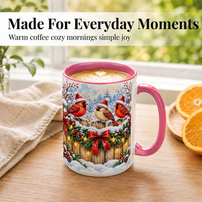 #pl[15oz|Pink] Christmas Cardinals Coffee Mug, Winter Bird Mug, Ceramic Cup