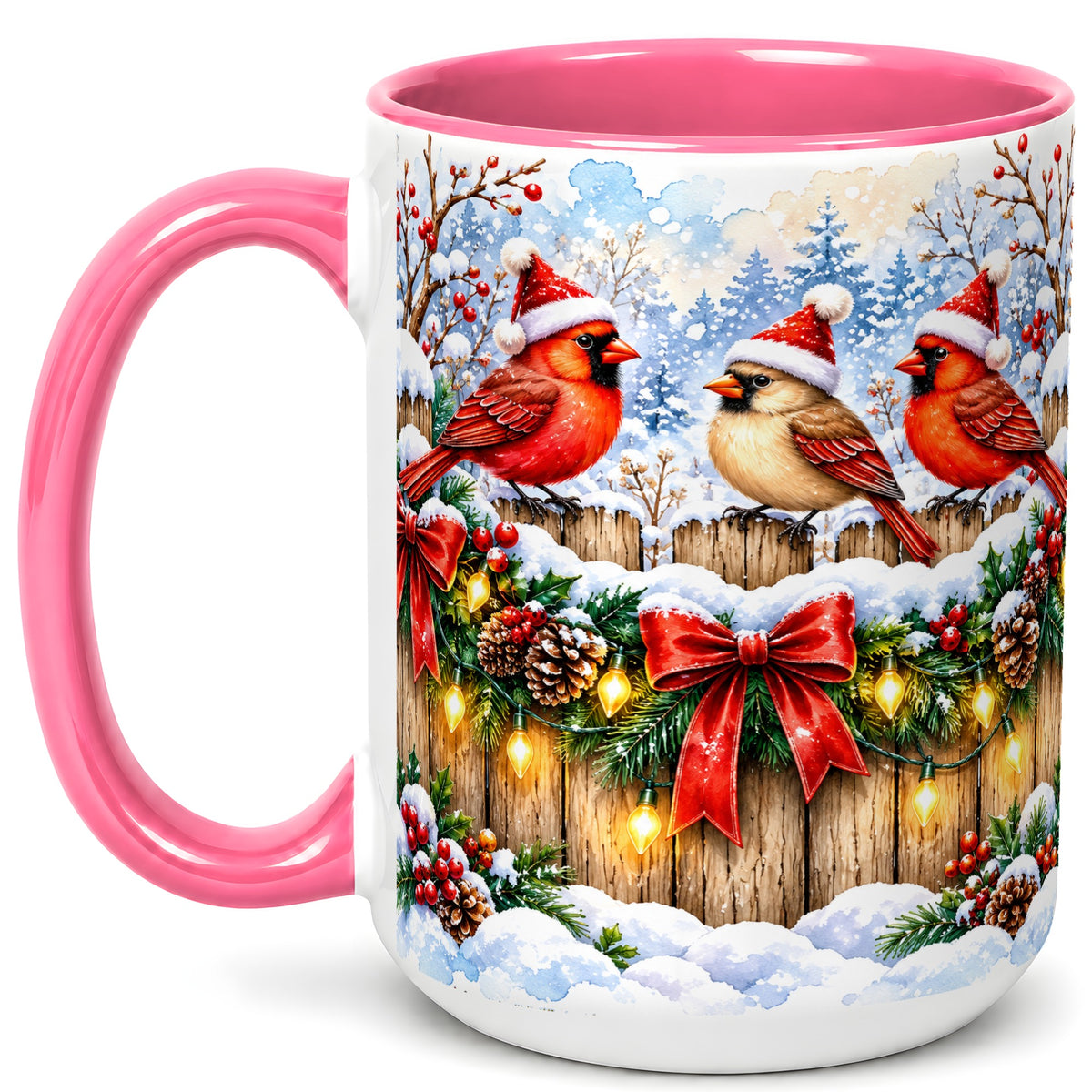 #pl[15oz|Pink] Christmas Cardinals Coffee Mug, Winter Bird Mug, Ceramic Cup