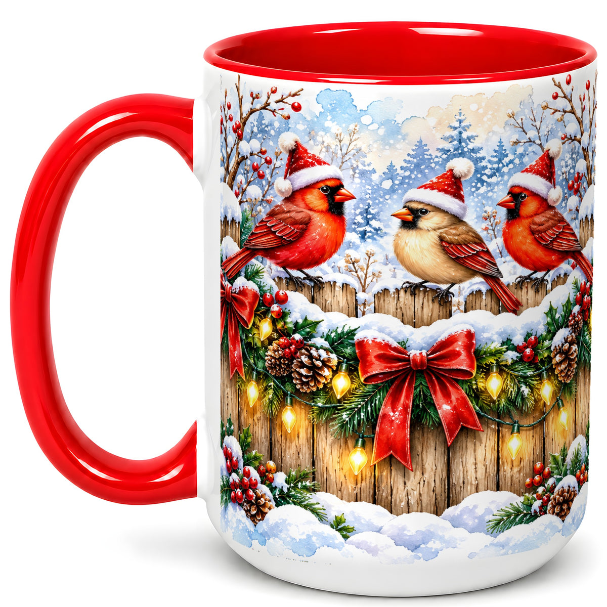 #pl[15oz|Red] Christmas Cardinals Coffee Mug, Winter Bird Mug, Ceramic Cup