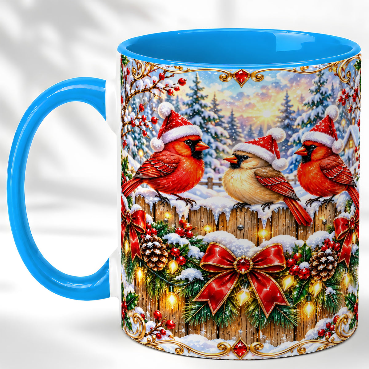 #pl[11oz|Blue] Ornate Cardinals Coffee Mug, Christmas Bird Mug, Ceramic Cup