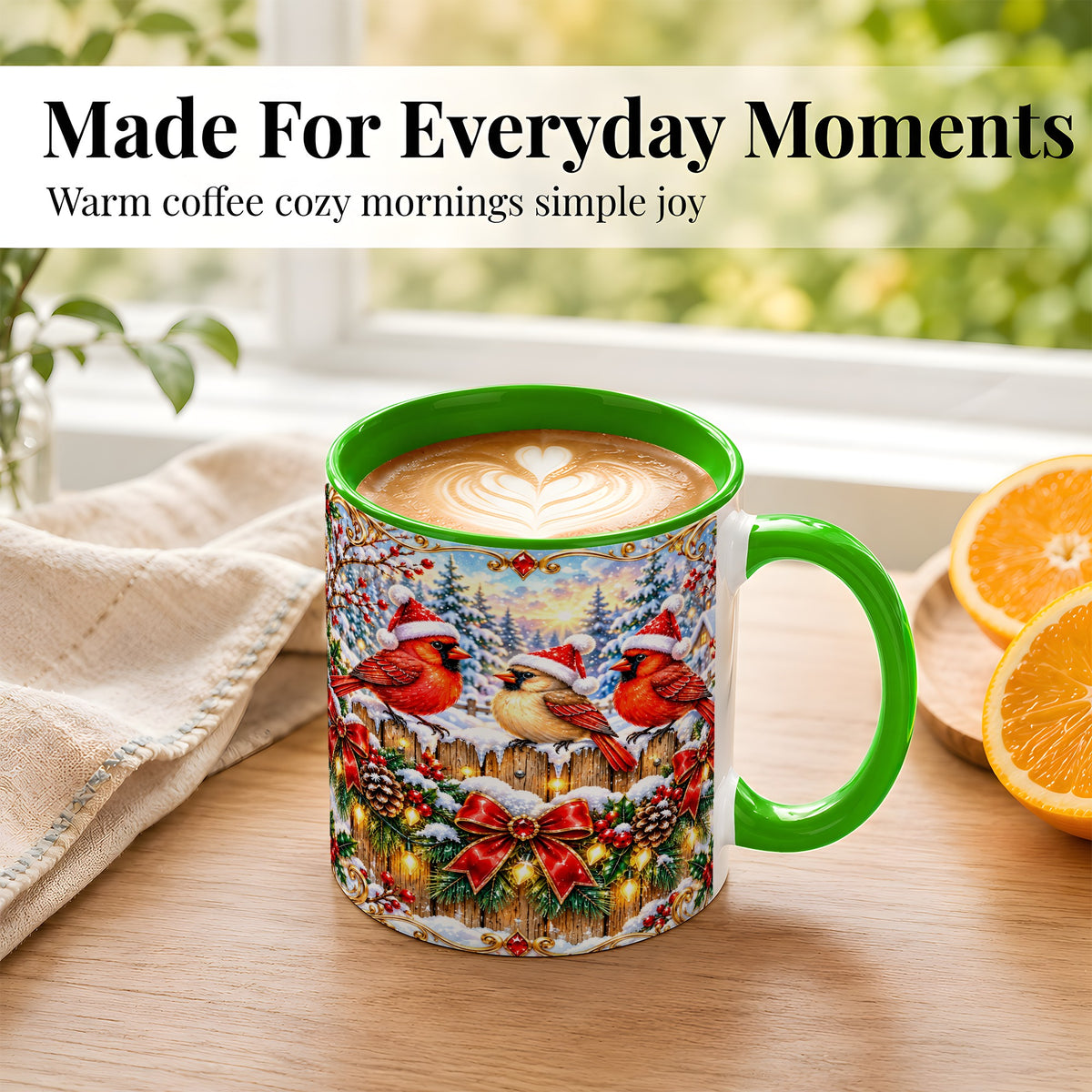 #pl[11oz|Green] Ornate Cardinals Coffee Mug, Christmas Bird Mug, Ceramic Cup