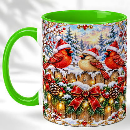 #pl[11oz|Green] Ornate Cardinals Coffee Mug, Christmas Bird Mug, Ceramic Cup