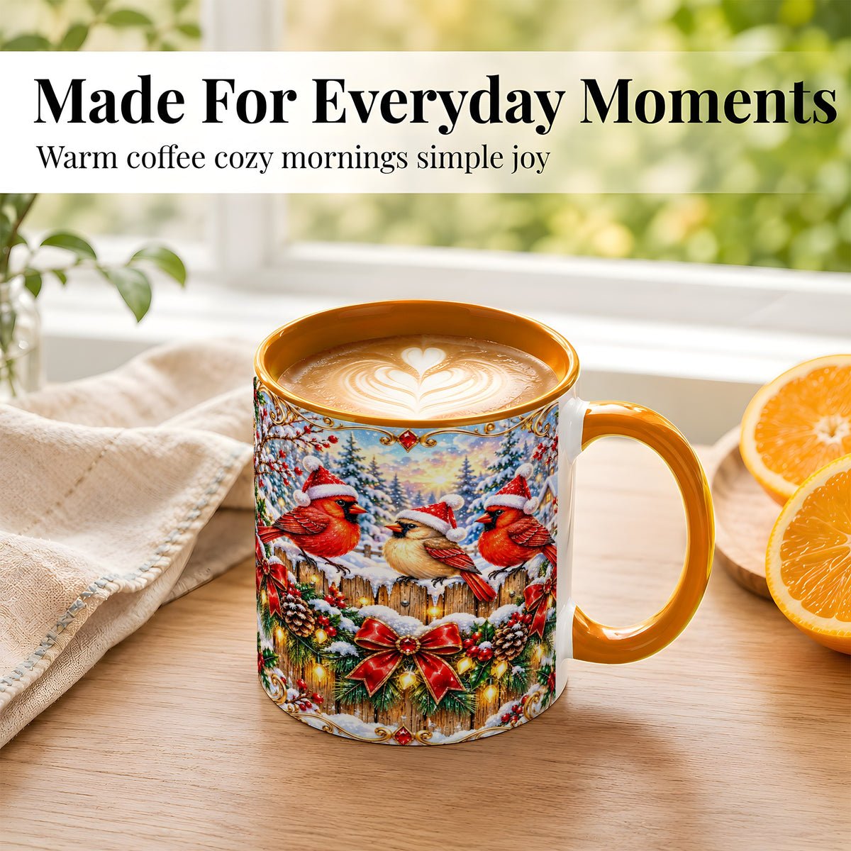 #pl[11oz|Orange] Ornate Cardinals Coffee Mug, Christmas Bird Mug, Ceramic Cup