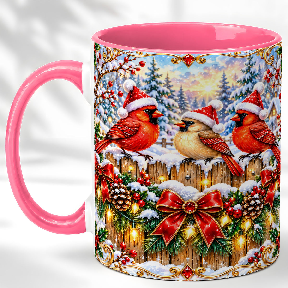 #pl[11oz|Pink] Ornate Cardinals Coffee Mug, Christmas Bird Mug, Ceramic Cup