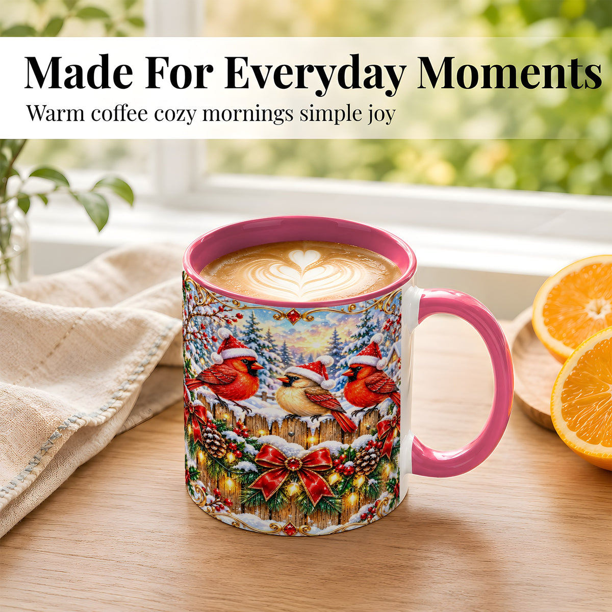 #pl[11oz|Pink] Ornate Cardinals Coffee Mug, Christmas Bird Mug, Ceramic Cup