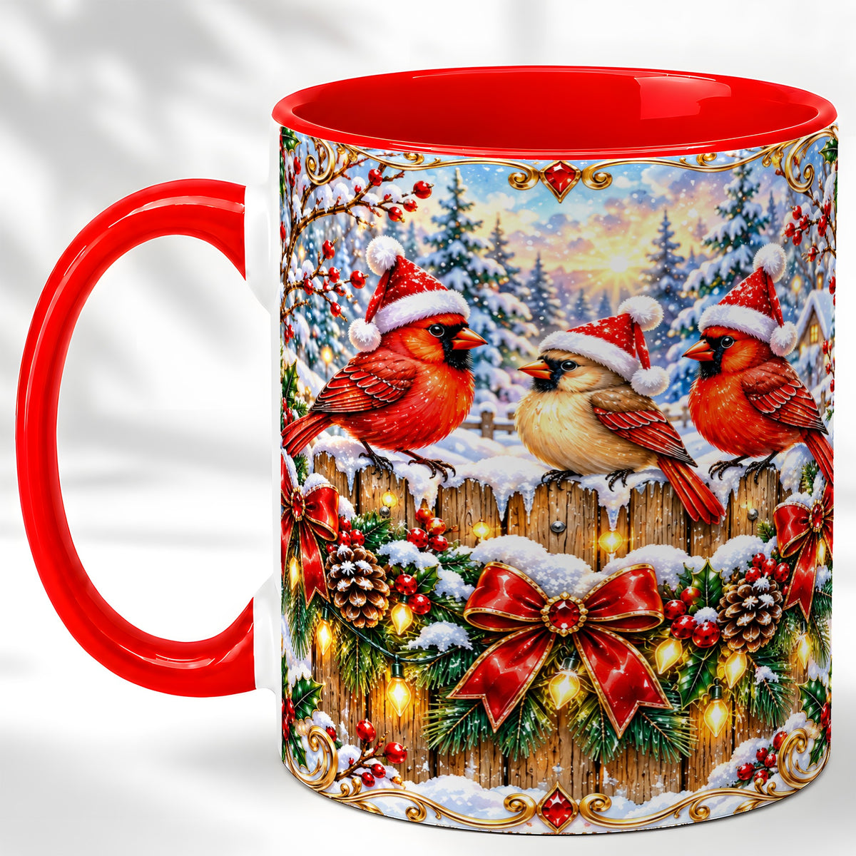 Ornate Cardinals Coffee Mug, Christmas Bird Mug, Ceramic Cup