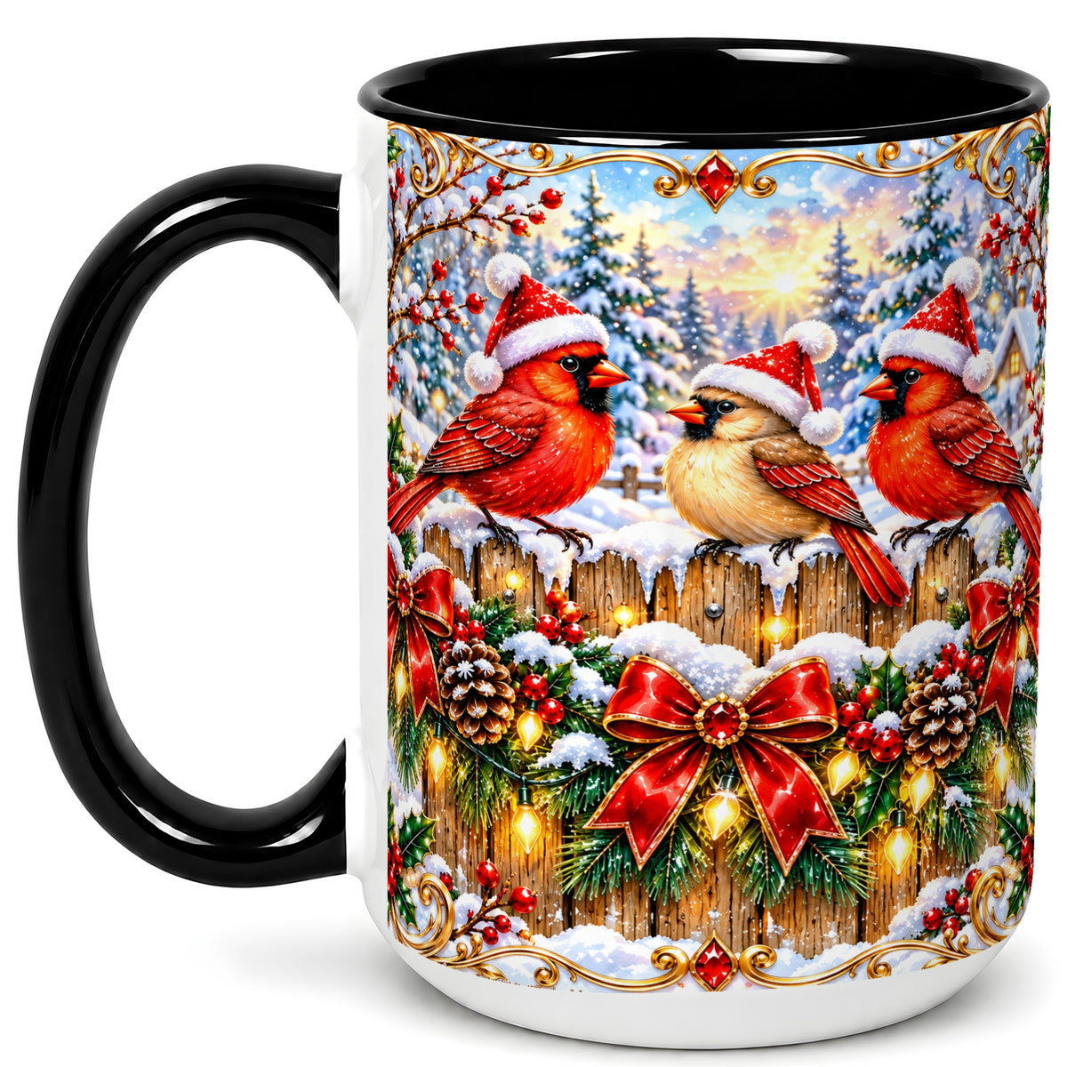 #pl[15oz|Black] Ornate Cardinals Coffee Mug, Christmas Bird Mug, Ceramic Cup