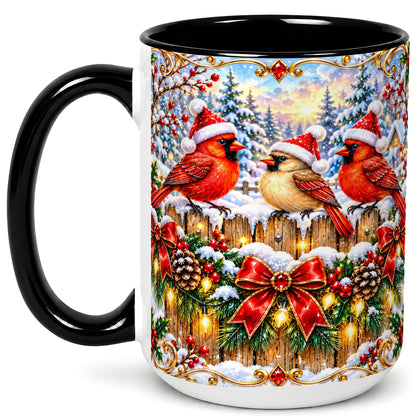 #pl[15oz|Black] Ornate Cardinals Coffee Mug, Christmas Bird Mug, Ceramic Cup