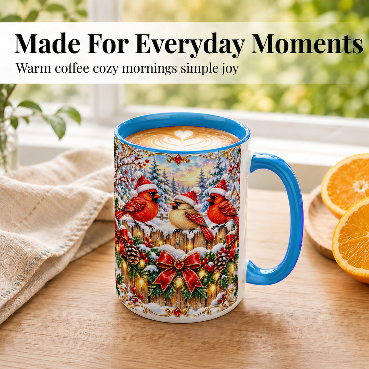 #pl[15oz|Blue] Ornate Cardinals Coffee Mug, Christmas Bird Mug, Ceramic Cup