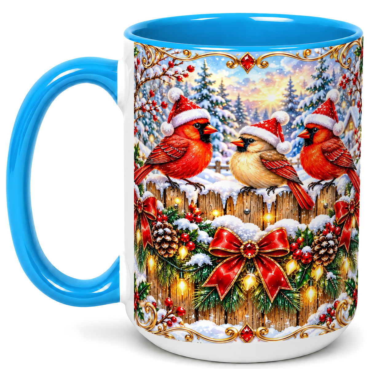 #pl[15oz|Blue] Ornate Cardinals Coffee Mug, Christmas Bird Mug, Ceramic Cup