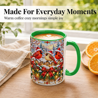 #pl[15oz|Green] Ornate Cardinals Coffee Mug, Christmas Bird Mug, Ceramic Cup