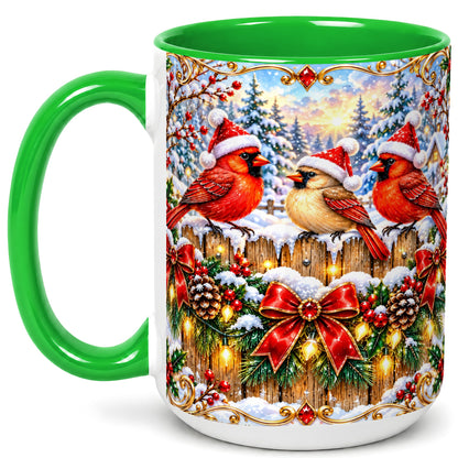 #pl[15oz|Green] Ornate Cardinals Coffee Mug, Christmas Bird Mug, Ceramic Cup