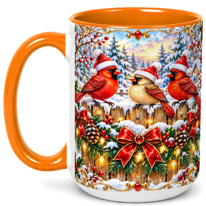 #pl[15oz|Orange] Ornate Cardinals Coffee Mug, Christmas Bird Mug, Ceramic Cup