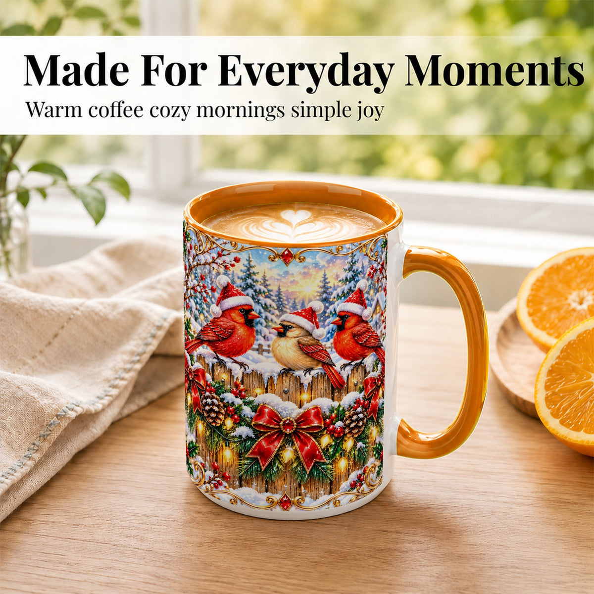 #pl[15oz|Orange] Ornate Cardinals Coffee Mug, Christmas Bird Mug, Ceramic Cup