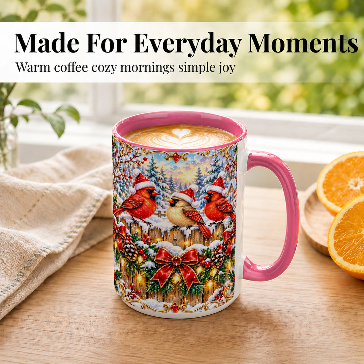 #pl[15oz|Pink] Ornate Cardinals Coffee Mug, Christmas Bird Mug, Ceramic Cup