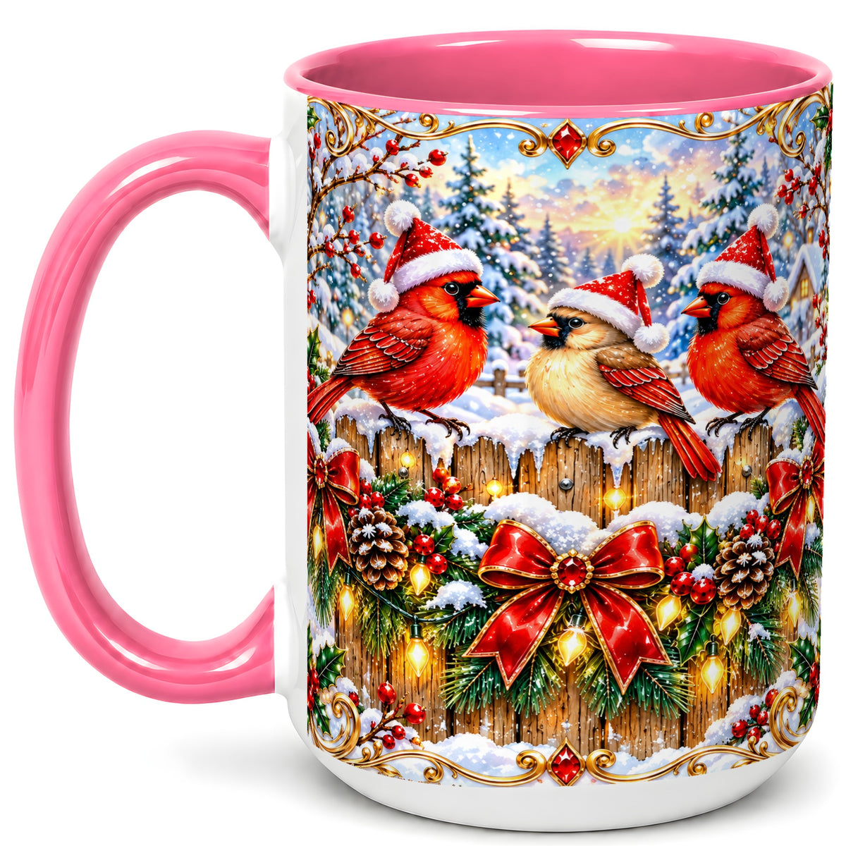 #pl[15oz|Pink] Ornate Cardinals Coffee Mug, Christmas Bird Mug, Ceramic Cup