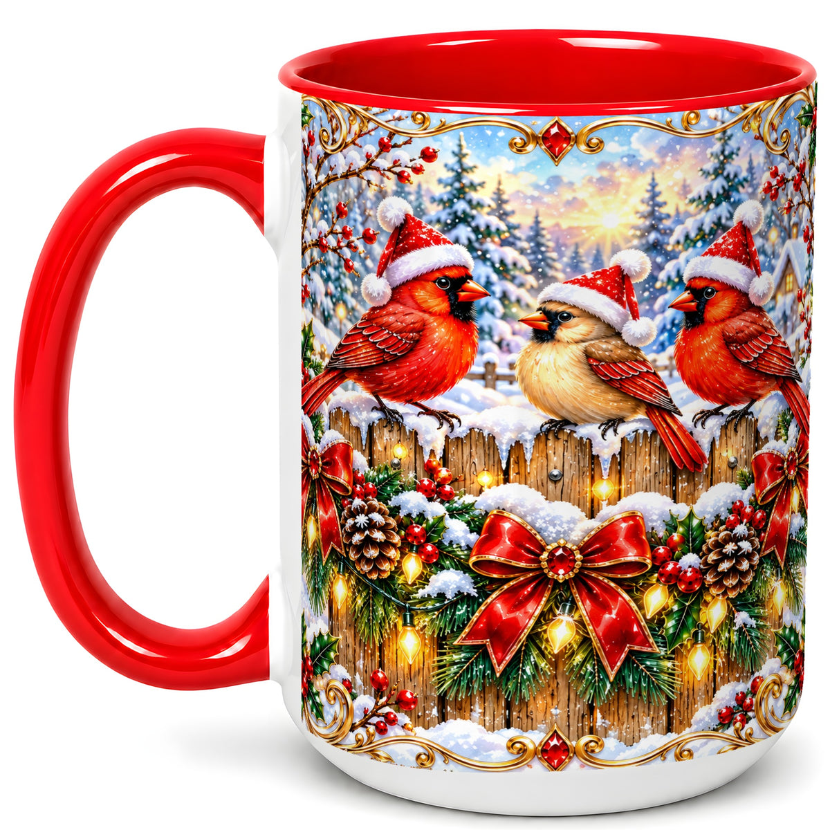 #pl[15oz|Red] Ornate Cardinals Coffee Mug, Christmas Bird Mug, Ceramic Cup
