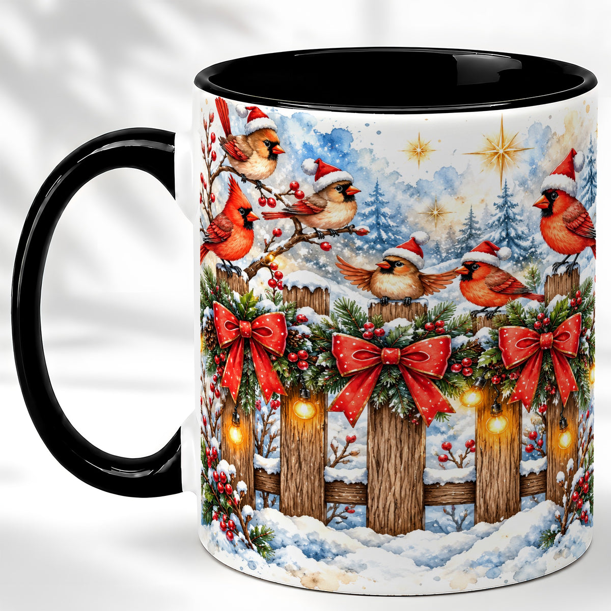 #pl[11oz|Black] Snowy Cardinals Coffee Mug, Christmas Bird Mug, Ceramic Cup