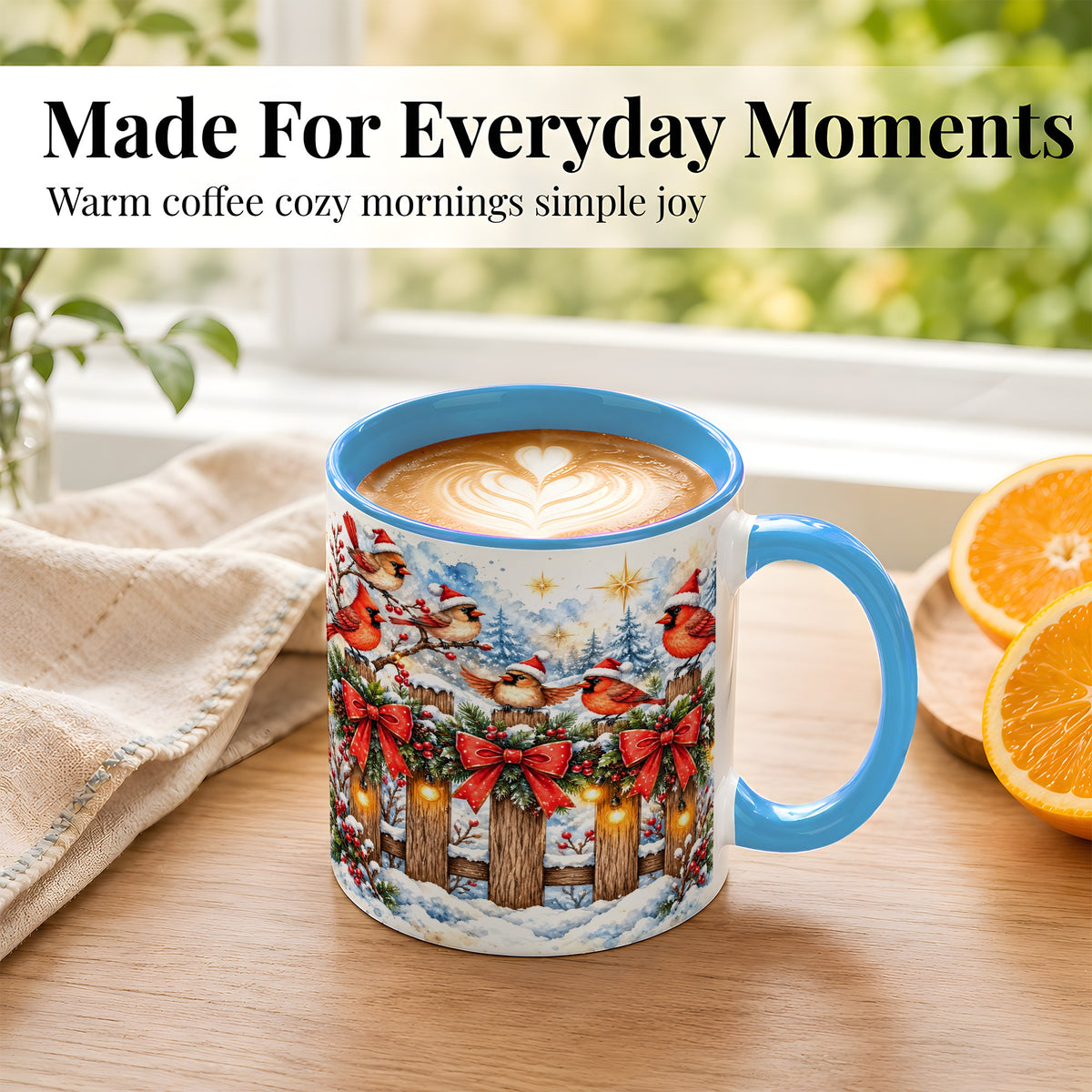 #pl[11oz|Blue] Snowy Cardinals Coffee Mug, Christmas Bird Mug, Ceramic Cup